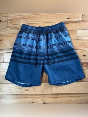 Kirkland Signature Navy and Light Blue Striped Swim Trunks